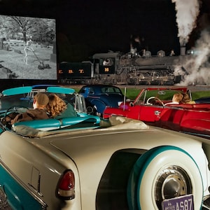 Vintage Steam Train Goes Past a 1950s Drive-in Movie Theater, East Broad Top Railroad, Railroad Gift, Man Cave Art, 1955 Chevy, Train Room