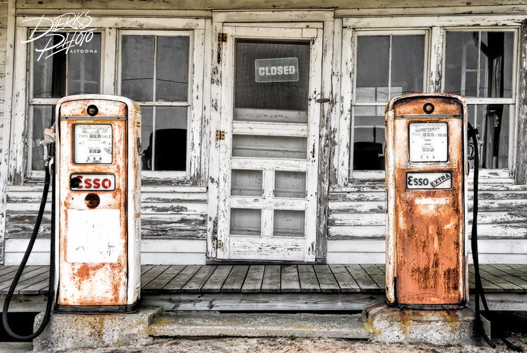 Old Country Gas Station, Vintage Esso Gas Pump, Rustic Americana