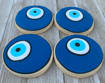 Evil Eye Cookies, Blue Evil Eye cookies, Birthday Cookies, theme Cookies, Birthday Cookies, Icing Cookies, 1 Dozen