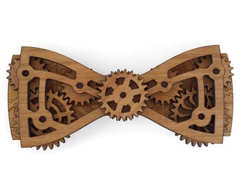 Cherry Wood -  Moving Gear Tie - Maximus Steampunk Fashion - Kinetic Accessory - Deisel Punk Wood Bow Tie