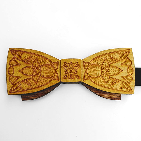 Celtic Salmon Design Wood Bow Tie - Fionn & the Salmon of Wisdom - Celtic Design - Lore - Originally Design Mens Wear - Scottish Festival