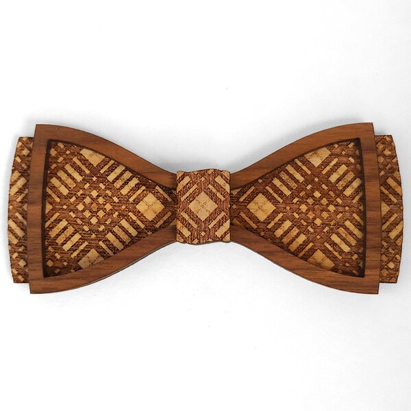 Tilton Plaid Wooden Bow Tie - Walnut & Birch Unique Mens Bow Tie - Formal Attrire - Big Butterfly Wood Bow Tie