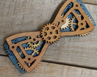 Steam Punk Fashion Bow Tie - Moving Wood Gears - Maximus Deiselpunk Blue