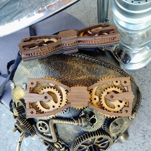 Steampunk Gear Bow Tie - Walnut & Birch Wood - VanDerMeer Deiselpunk - Mens Bow Tie