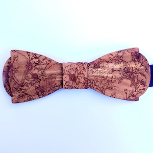 Floral Pattern Red Cedar Wooden Bow Tie - Floral Design Engraved Wood Tie - Unique Wedding & Grooms Men Gifts