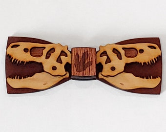 Dinosaur Skull Wood Bow Tie - Unique Special Occasion Bowties for Mens - T-Rex Skull Wood Tie