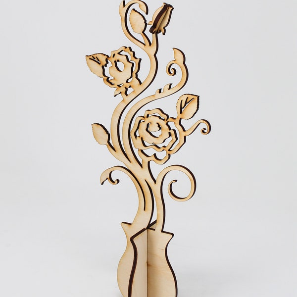 Mother's Day Rose & Vase Laser Cut Wooden Flowers. Vector file for laser cutting, CNC cutting. Instant Download.