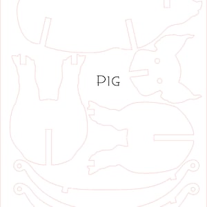 May include: A printable template for a pig craft project. The template includes the pig's body, head, legs, and tail. The word "PIG" is printed in the center of the page.
