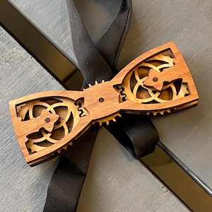 Moving Gear Wood Bow Tie - Wells Mahogany and Cherry Wood - Steam Punk Mens Bow Tie