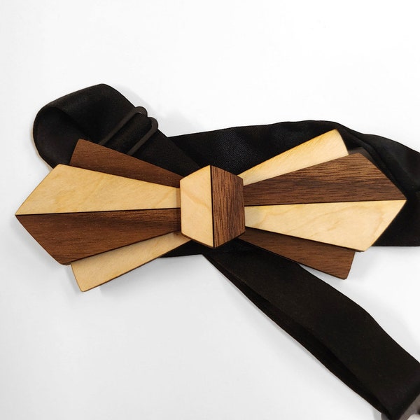 Art Deco Wood Bow Tie - Maple & Walnut Wood Bow Tie - Rene Cubist Design - Unique Wooden Bow Tie