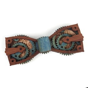 Steampunk Gear Bow Tie - Walnut Wood - Blue VanDerMeer Deiselpunk - Mens Bow Tie