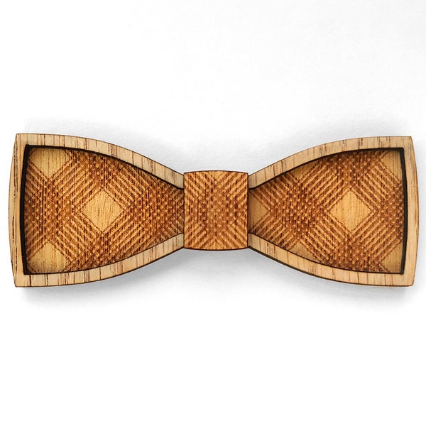 Plaid Pattern Wooden Bow Tie - Angus Red Oak Wood Tie - Unique Wood Formal Wear - Special Occasion Bowties