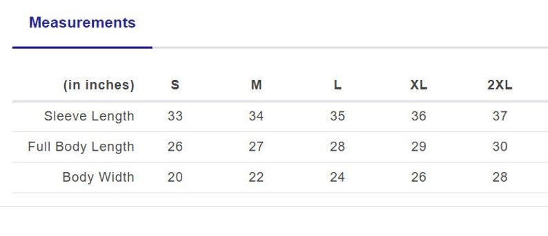 May include: A size chart showing measurements in inches for a garment. The chart includes measurements for sleeve length, full body length, and body width. Sizes range from S to 2XL.