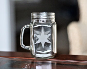 16oz Chicago star mason jar mug/ Chicago flag mug/ Chicago barware and glassware great for housewarming gift!