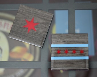 Chicago flag and Chicago star coasters.  Chicago barware.  Chicago gift coasters.