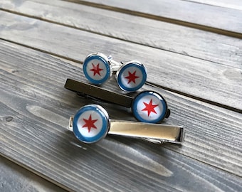 Chicago Flag Cufflinks & Tie Clip / Chicago jewelry / menswear/ man jewelry / Chicago gifts/ Chicago stars Chicago flag