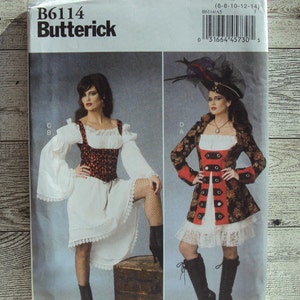 May include: A sewing pattern for a pirate costume. The pattern includes a white blouse with lace trim, a red and black corset, a black jacket with gold buttons, and a white petticoat with lace trim. The pattern is for sizes 6-8-10-12-14.