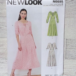 May include: Sewing pattern for a dress with two different styles. The pattern is for sizes 4-16, 32-44, and 30-42. The pattern is called New Look and the number is N6695.