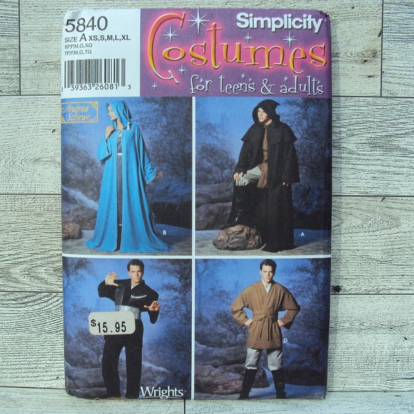 Simplicity Sewing Pattern 5840 Star Wars Jedi Cloak Tunic Robe Unisex Hooded Cape Costumes Sizes XS to XL