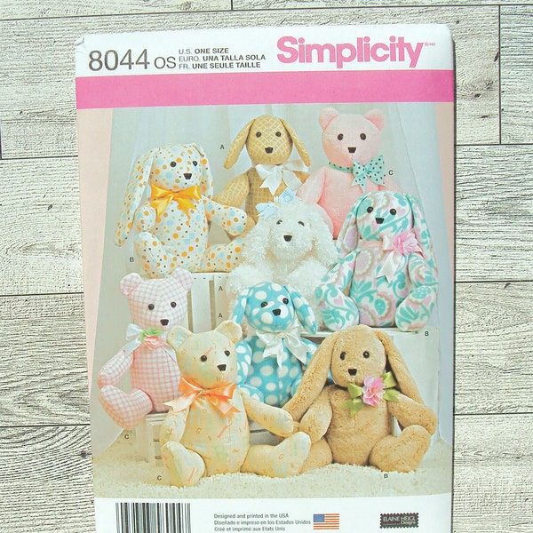 Simplicity Sewing Pattern 8044 Teddy Bear, Dog and Rabbit Plush Stuffed Animals - 2 Pattern Pieces