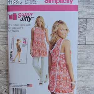 May include: Simplicity sewing pattern number 1133 A for a sleeveless dress with a geometric print. The pattern is for sizes 6-18, 32-44, and 34-46. The pattern is called "Super Jiffy" and is printed on white paper with a pink border.