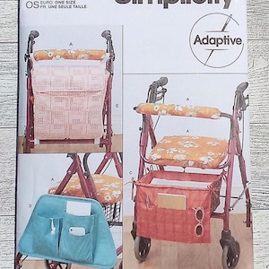 May include: Simplicity Adaptive pattern S9725. The image shows a pattern for adaptive walkers with various features. The pattern includes illustrations of walkers with different storage options and seat designs. The text on the pattern reads "U.S. ONE SIZE, EURO. ONE SIZE, FR. UNE SEULE TAILLE."