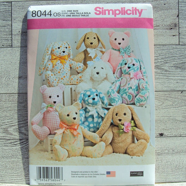 Simplicity Sewing Pattern 8044 Teddy Bear, Dog and Rabbit Plush Stuffed Animals - 2 Pattern Pieces