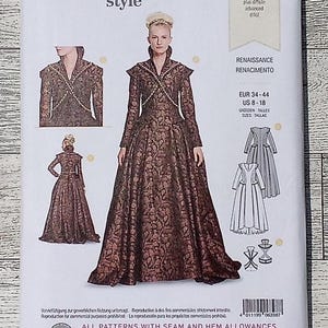 May include: A Burda Style sewing pattern for a Renaissance-style dress, featuring a detailed illustration of the finished garment. The pattern includes sizes US 8-18 and is labeled as advanced. The cover displays the Burda Style logo and the number 6398.