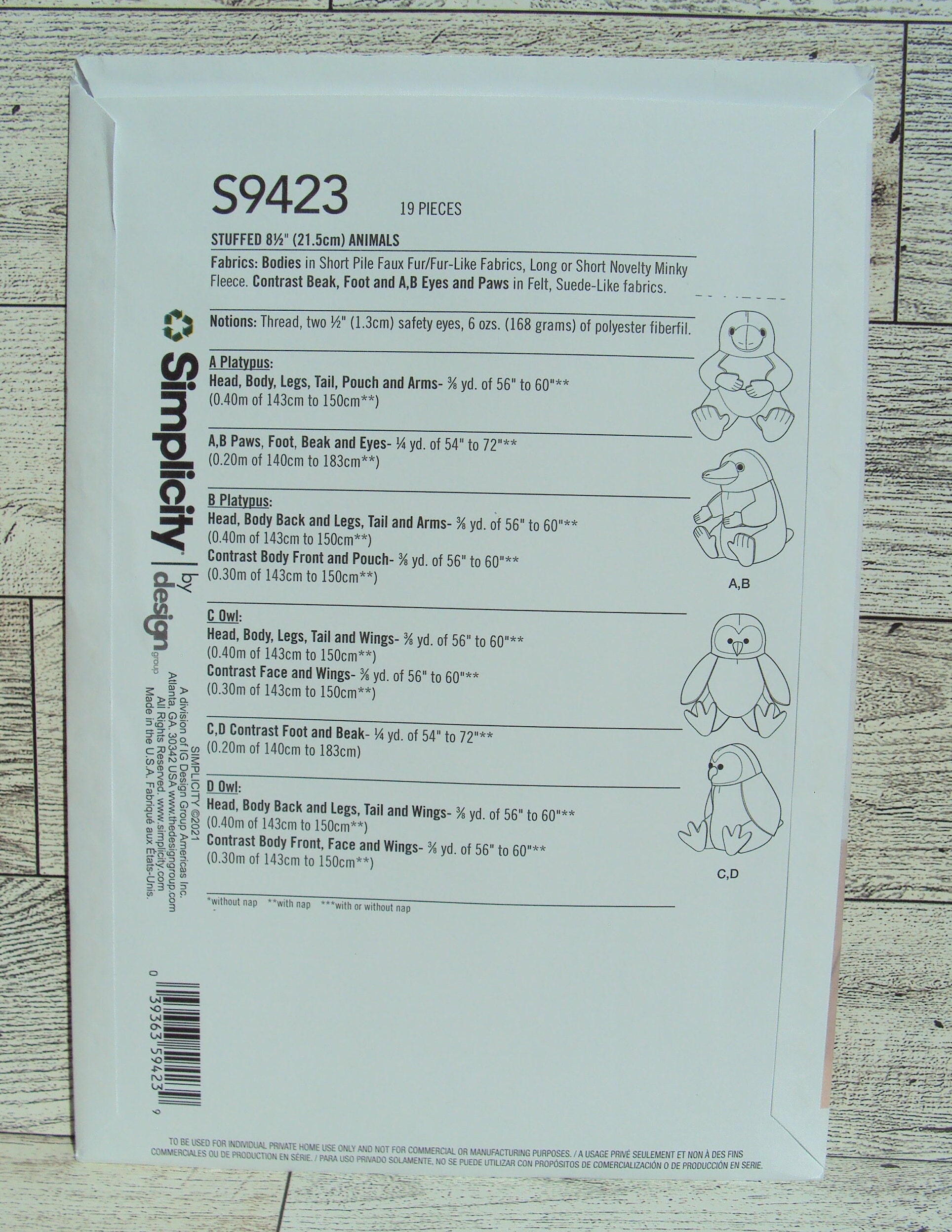 Simplicity Pattern 9423 Simplicity Sewing Pattern 9423 - Stuffed Platypus & Owl Plushies - 8-1/ ...