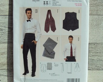 Burda Sewing Pattern 3403 Men's Waistcoat Vest Cummerbund Tie and 2 Scarves Men's Tuxedo Accessories Sizes 36 to 50