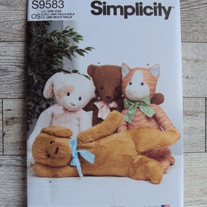 Simplicity Sewing Pattern 9583 - Easy Poseable Plush Animals - 27 Inch Tall Teddy Bear, Cat and Dog