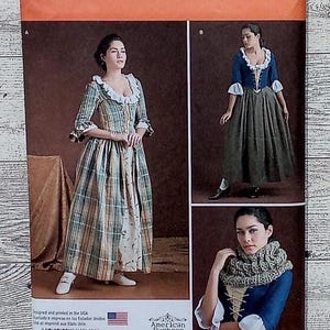 May include: A Simplicity 8161 sewing pattern envelope for historical-style garments. The front displays three images: a plaid gown with a white ruffled collar, a blue bodice with a dark skirt, and a person wearing a textured, chunky knit cowl.