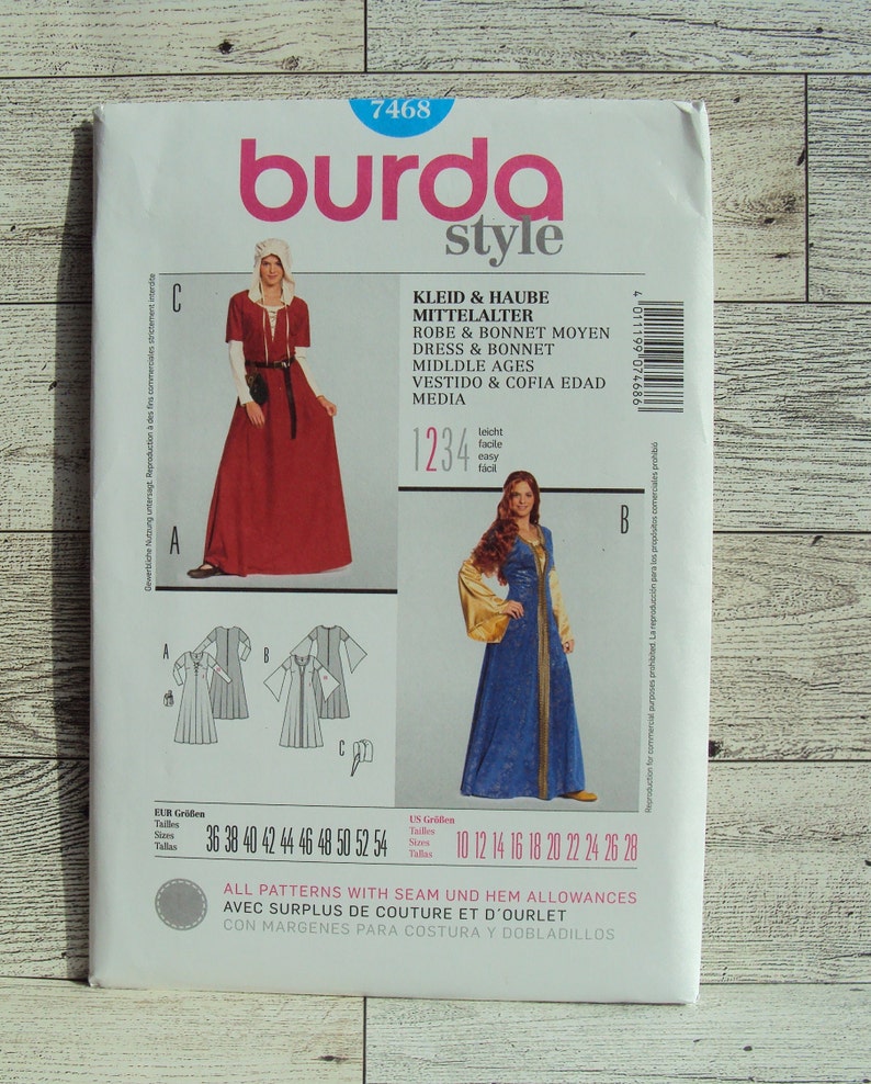 Burda Sewing Pattern 7468 - Medieval/middles Ages Dress and Bonnet ...