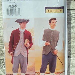 May include: A sewing pattern for a men's historical costume. The pattern is for sizes 38, 40, and 42. The pattern includes a coat, vest, and breeches. The pattern is from Butterick and is part of their "Making History" collection. The pattern number is 3072.