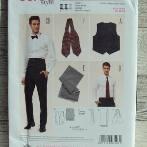 May include: Burda Style sewing pattern number 3403 for a vest and accessories. The pattern includes instructions for a vest, bow tie, and two different types of scarf. The pattern is for sizes EUR 46-60 and US 36-50.
