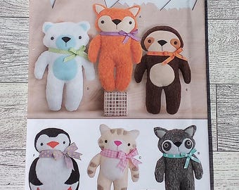 Simplicity Sewing Pattern 8440 - Stuffed Animals - Raccoon, Cat, Bear, Sloth and Penguin - 10" Tall