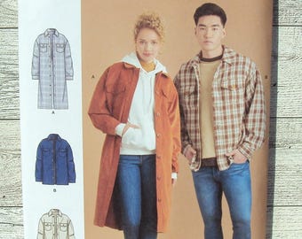 Simplicity Sewing Pattern 9388 - Unisex Button Front Shirt Jacket, Short or Long Length - Fall Winter Fashion - Sizes XXS to XXL