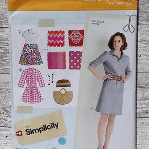 May include: A sewing pattern from Simplicity featuring a dress and skirt design. The pattern includes a dress with a belt and a skirt with a floral print. The pattern also shows fabric swatches and a straw bag.