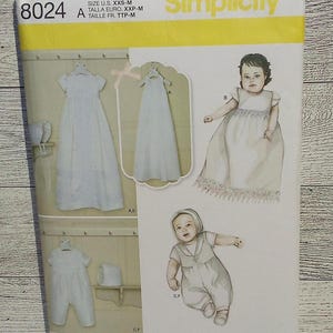 Simplicity Sewing Pattern 8024 - Baby Christening Gowns and One Piece Suits / Dress, Romper & Bonnet - Bonnets in 3 Sizes - Sizes XXS - M
