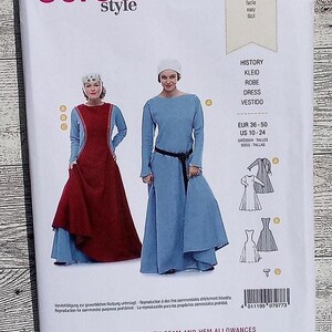 May include: A Burda Style sewing pattern envelope 7977 for a long-sleeved dress. The cover displays two variations of the dress in blue and red, with sizing listed as EUR 36-50 and US 10-24. It includes technical line drawings and text.