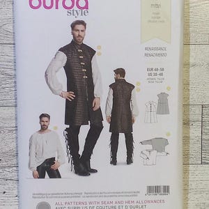 May include: Burda Style sewing pattern number 6399 for a Renaissance-style men's outfit. The pattern includes a long-sleeved shirt, a vest, and pants. The pattern is for sizes EUR 48-58 and US 38-48. All patterns include seam and hem allowances.