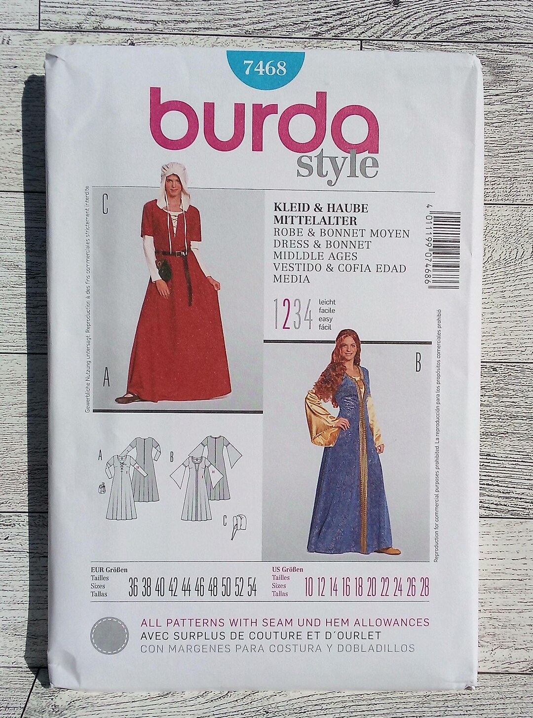Burda Sewing Pattern 7468 - Medieval/middles Ages Dress and Bonnet ...