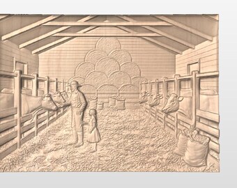 Father & Daughter Feeding Cattle Relief – Barn Scene CNC Files (stl, obj, vm3, tiff)