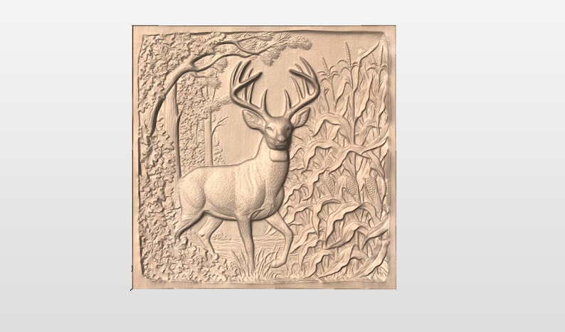 May include: A detailed relief carving of a deer in a forest setting. The artwork features a buck with large antlers, surrounded by trees and foliage. The carving is in a natural wood tone, showcasing the textures of the forest scene.