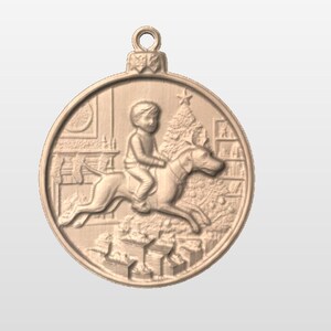 May include: A round, light brown Christmas ornament with a detailed relief carving. It depicts a child riding a dog, with a Christmas tree and a fireplace in the background. The ornament has a loop for hanging.