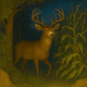 May include: A painting depicting a deer with prominent antlers in a forest setting. The deer is rendered in shades of brown with a golden hue, set against a backdrop of trees, corn stalks, and a dark blue sky. The artwork is in a realistic style.