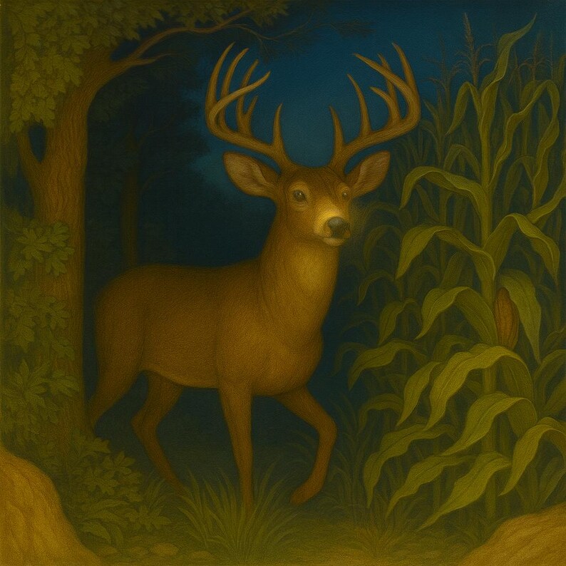 May include: A painting depicting a deer with prominent antlers in a forest setting. The deer is rendered in shades of brown with a golden hue, set against a backdrop of trees, corn stalks, and a dark blue sky. The artwork is in a realistic style.
