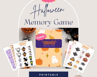 May include: A Halloween Memory Game with a kawaii theme. The game features a light orange background with pumpkins, ghosts, and stars. The game includes printable cards with Halloween-themed illustrations. The word "Printable" is at the bottom.