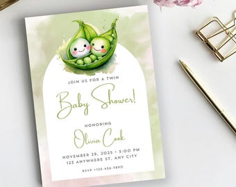 May include: A baby shower invitation with a watercolor design. The invitation features two peas in a pod with smiling faces. The text reads "Join us for a twin Baby Shower!" honoring Olivia Cook. Date, time, and RSVP information are included.