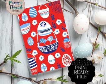 May include: A digital printable paper with a red background and a pattern of blue and white Easter eggs, baskets, and flowers. The text "Paper & Thread - Creations" is in the top left corner.